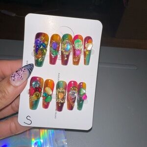 Colorful Press-On Nails with Gem Accents